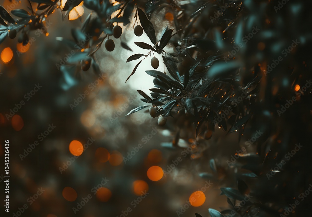Poster lush olive tree foliage with glowing lights in the background creating a mysterious and enchanting a