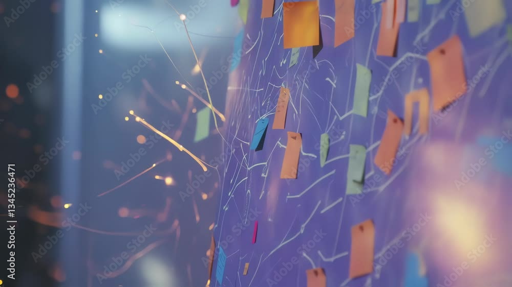 Poster light trails are flowing over colorful sticky notes attached to a whiteboard with writings, creating
