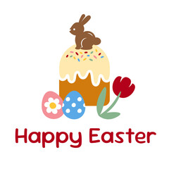 Greeting card with an easter cake, chocolate bunny, eggs and a flower on a white background. Happy Easter poster with a traditional bread with a rabbit on top in cute cartoon style