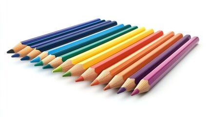 A vibrant arrangement of colored pencils neatly aligned on a white background, ideal for art and creativity themes
