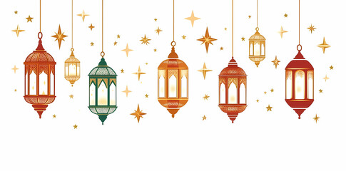 Obraz premium Golden Lanterns: A collection of ornate, colorful lanterns hang against a backdrop of twinkling stars. Ideal for festive designs, this image offers a sense of celebration and light.