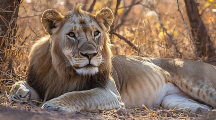 Obraz premium Majestic African lion basking in the golden savanna sunlight captured in ultra realistic 8K photography with dramatic lighting and fine details
