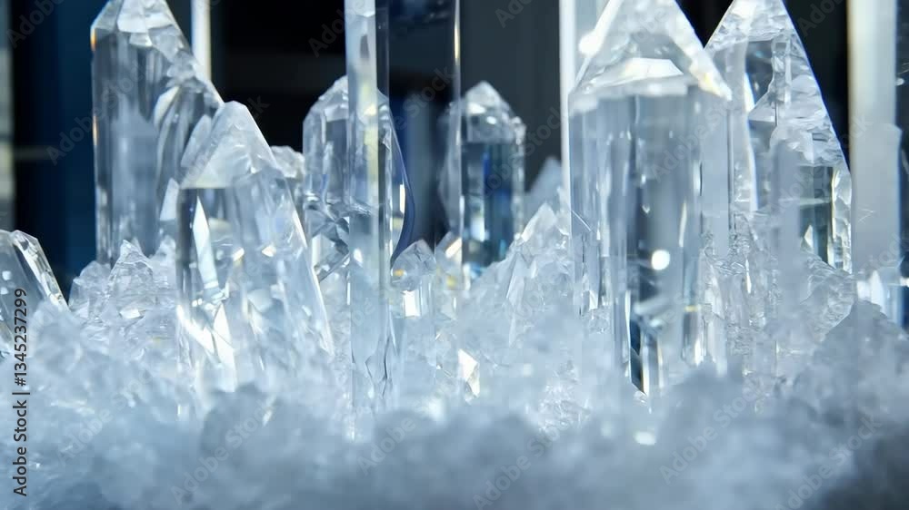 Poster sparkling crystal formations displayed on a circular mount in a modern laboratory setting