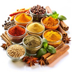 Spices and herbs. Curry, saffron, turmeric, cinnamon isolated on white background.