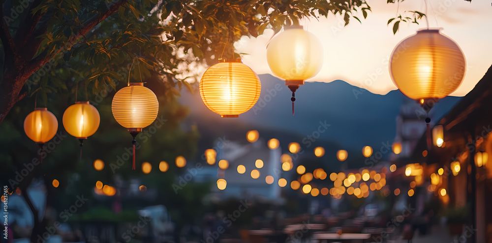 Poster lanterns light the way: capture the warm glow of traditional lanterns illuminating a serene evening 