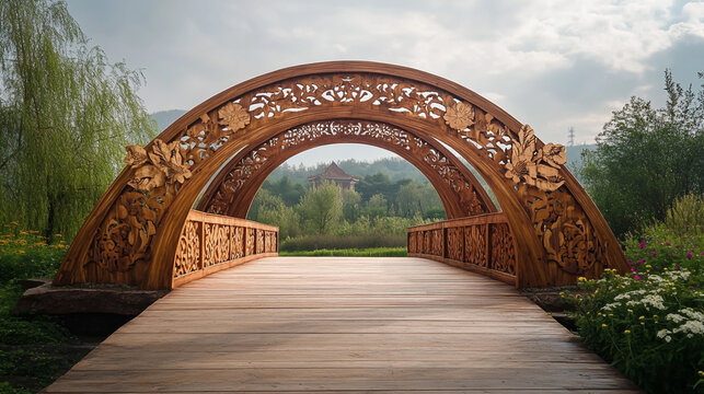 Charming rustic wooden arch bridge, intricately cut out design, set against a scenic landscape