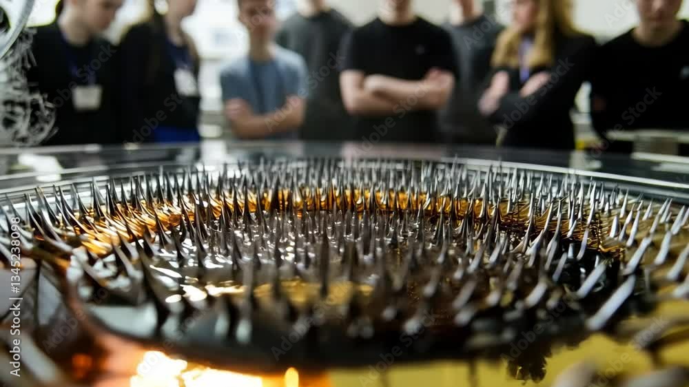 Poster students observing ferrofluid experiments in a science lab during an educational workshop
