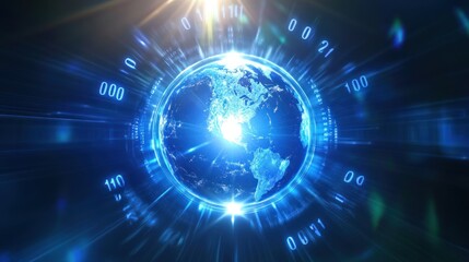 Obraz premium A glowing blue earth surrounded by binary code and light rays