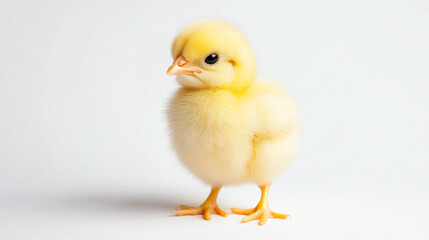 Obraz premium Chick on a white background, soft and fluffy with bright yellow feathers, standing still