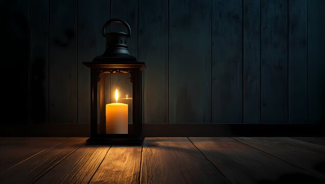 Illuminated Lantern: A solitary lit lantern casts a warm, inviting glow on wooden planks. The scene evokes feelings of mystery and comfort.
