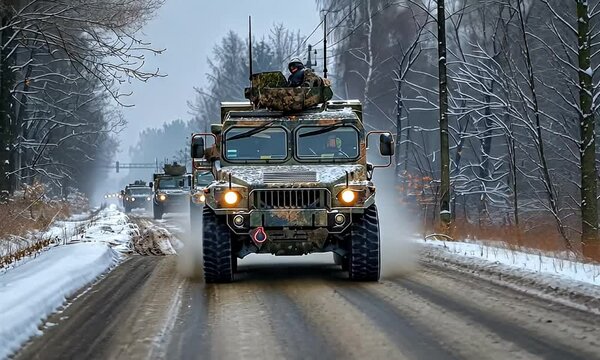 Military Vehicles Traveling Through Snowy Forest on Dirt Road