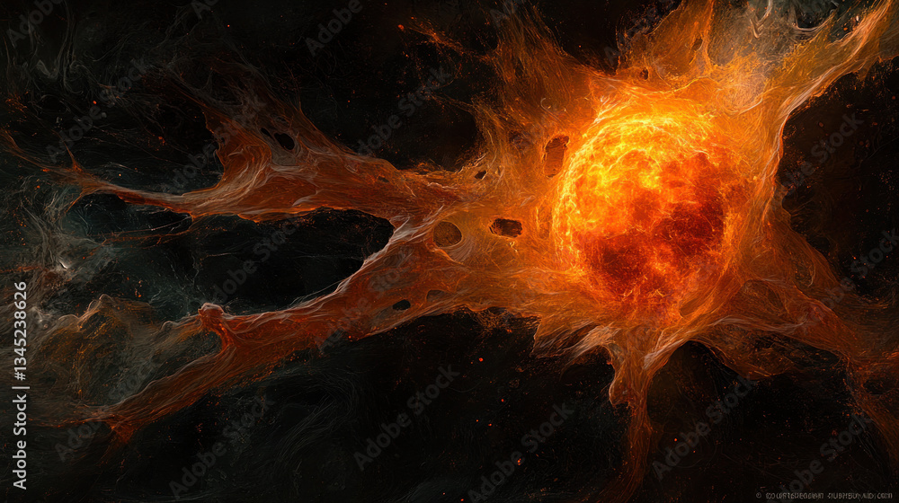 Poster a glowing orange blob in space with a black background. the image is of a star that is dying and has