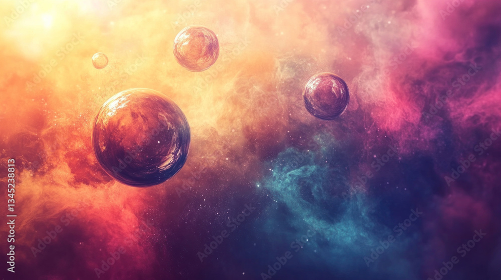 Poster a colorful space scene with four large spheres floating in the sky. the colors are bright and vibran