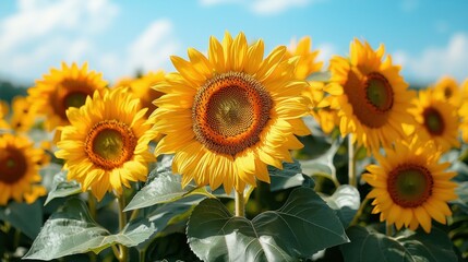 Fototapeta premium Sunflower field under bright, blue sky. Vivid yellow and green colors. Summer