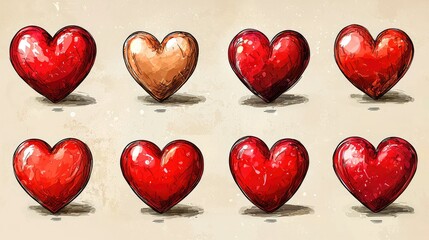 Fototapeta premium Various colorful illustrations depicting hearts with varying textures and shades