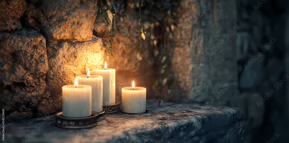 Poster illuminated tranquility: a cluster of flickering candles casts a warm, inviting glow over a stone su