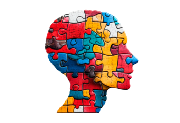 Colorful puzzle pieces depict a human head silhouette isolated on transparent background