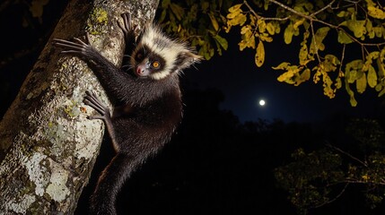 Majestic aye aye climbing a tree under the moonlit canopy of Madagascar its elongated fingers tapping on the bark to locate insects