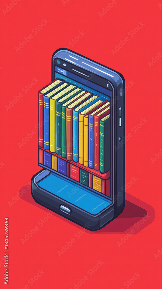 Poster a phone with a stack of books on it. the books are of different colors and sizes. concept of a perso