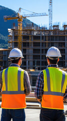 Two men in orange vests stand in front of a large building. They are wearing hard hats and safety vests