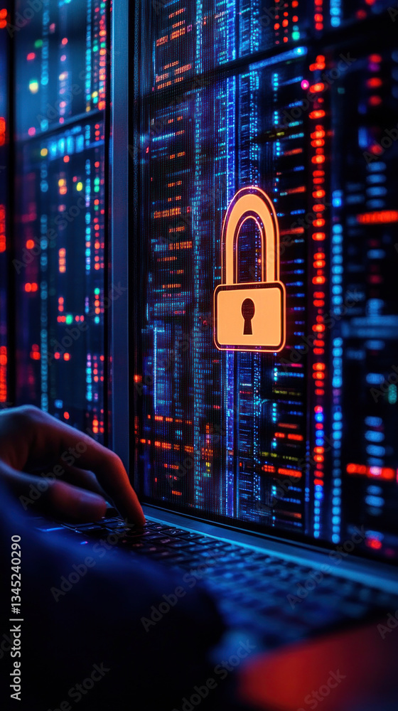 Poster a person is typing on a laptop with a keypad and a lock symbol on the screen. concept of security an