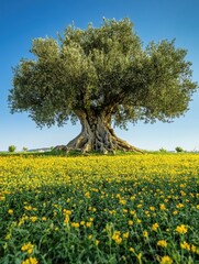 Fototapeta premium Majestic Olive Tree Standing Tall Above Vibrant Yellow Wildflowers Under Clear Blue Sky in Serene Natural Landscape