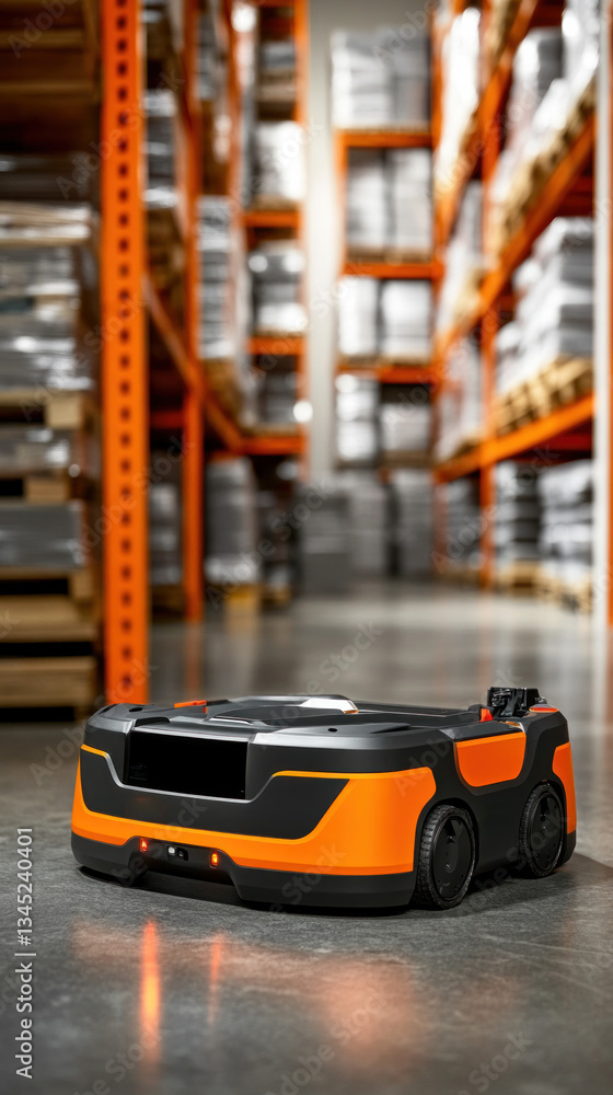 Aufkleber a robot is standing in a large warehouse with orange shelves. the robot is black and orange, and it 