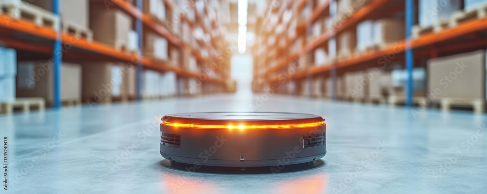 Aufkleber a robot is in a warehouse with a lot of boxes. the robot is orange and has a light on it