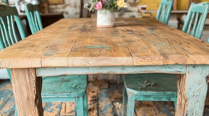 Fototapeta premium Rustic dining table and chairs in cozy home