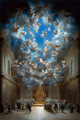 Baroque Painting of Angelic Figures in a Cathedral Interior