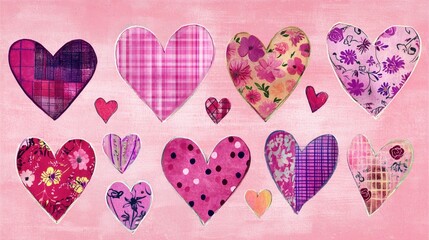 Colorful Hearts with Patterns in Pink and Purple Tones for Design