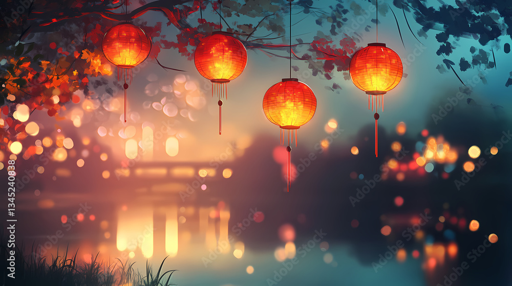 Poster evening lanterns: the serene atmosphere of a tranquil evening is enhanced by the soft glow of lanter