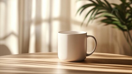 White mug on wooden table in sunlit room.