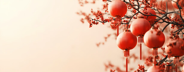 Lanterns of Celebration: A vibrant display of red lanterns, artfully arranged among delicate branches and blossoms, creates a festive atmosphere. Capturing the essence of cultural traditions.