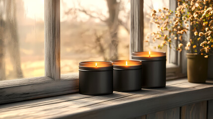 Cozy Window Candles: A heartwarming scene of three lit candles casting a warm glow, placed on a sunlit windowsill with a blurred outdoor view, conveying peace and serenity