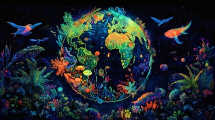 Naklejka premium Vibrant Underwater World with Colorful Flora and Fauna Surrounding Earth
