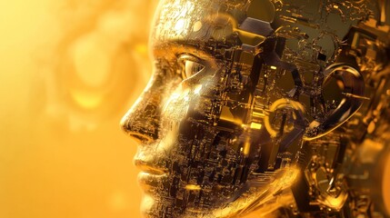 Obraz premium A golden cyborg portrait showcases intricate technology and human features