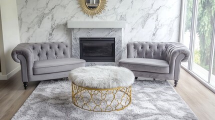 Modern living room with tufted armchairs, fireplace, and faux fur ottoman