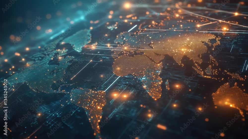 Poster global digital world map rotating dynamically, showcasing interconnected luminous points representin