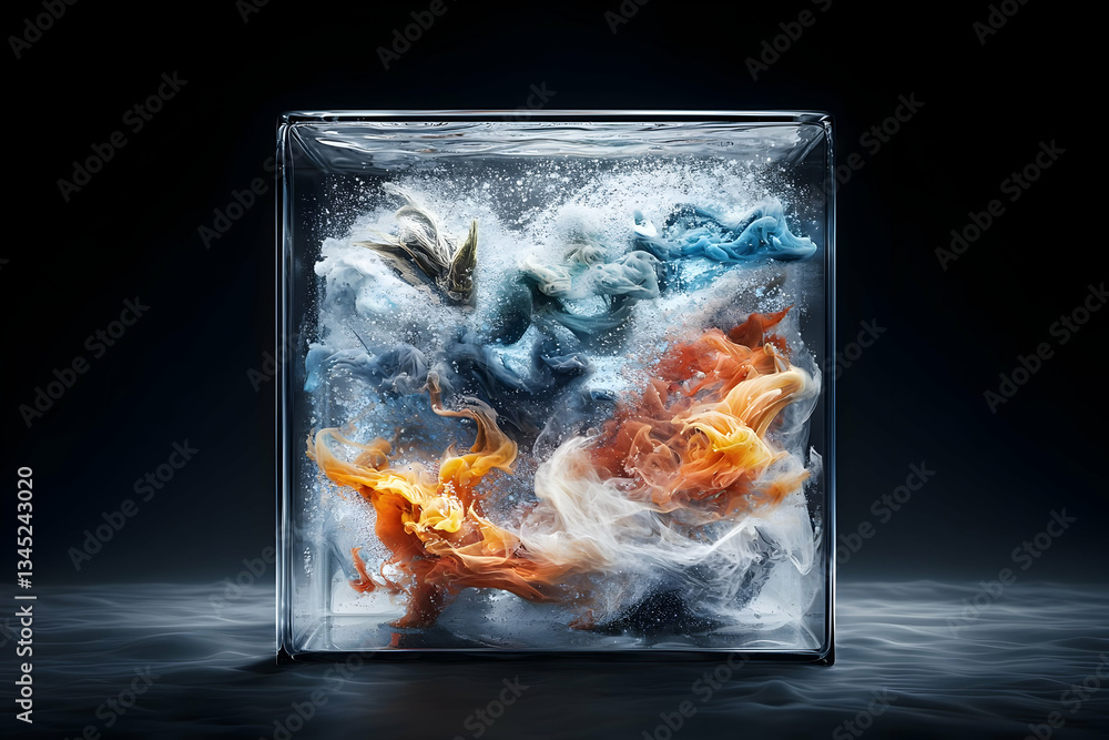 Poster colorful abstract forms suspended in a clear cube of ice with dynamic water textures on dark backgro