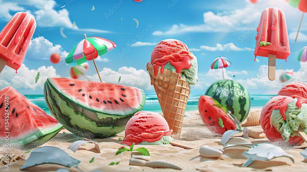 Aufkleber summer fun with vibrant watermelon-flavored ice cream and popsicles at a sunny beach filled with pla