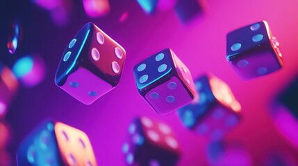 Floating Dice with Neon Lights in a Purple Background for Gaming Concept