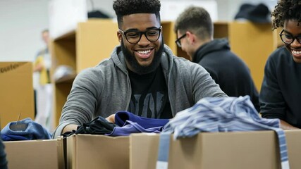 Volunteers sorting clothing donations in a community center during a charity event