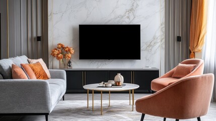 Modern living room with TV and orange accents