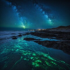 A surreal glowing algae beach where the waves shimmer with bioluminescent blue light, illuminating the shoreline under a vast starry night sky
