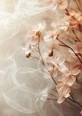 A light brown background with soft pink flowers and wispy smoke