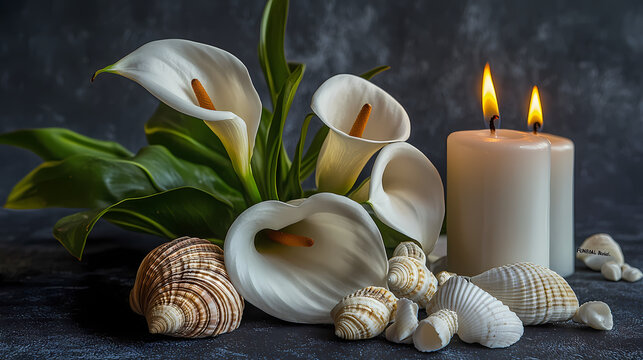 Still Life of Remembrance: An evocative still life featuring elegant calla lilies, seashells, glowing candles, and fresh leaves evokes feelings of peace and remembrance.