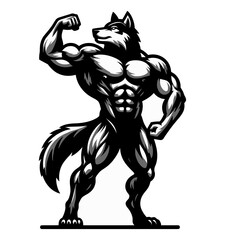 Obraz premium Muscular wolf standing in black and white, flexing its arm, showcasing its power and physique
