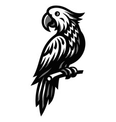 Vector Illustration of Cockatoo Perched on Branch with Black and White Detailed Outline Design