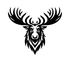 Obraz premium A Head of Moose Front View with Big Antlers, Looking Forward in Detailed Black and White Vector